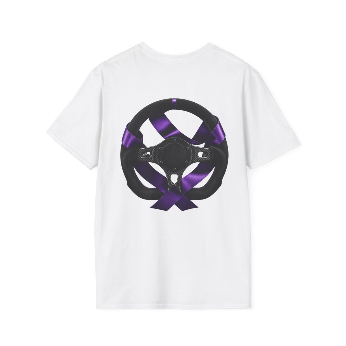 Racing Steering Wheel T‑Shirt with Purple Awareness Ribbon – PRM Logo