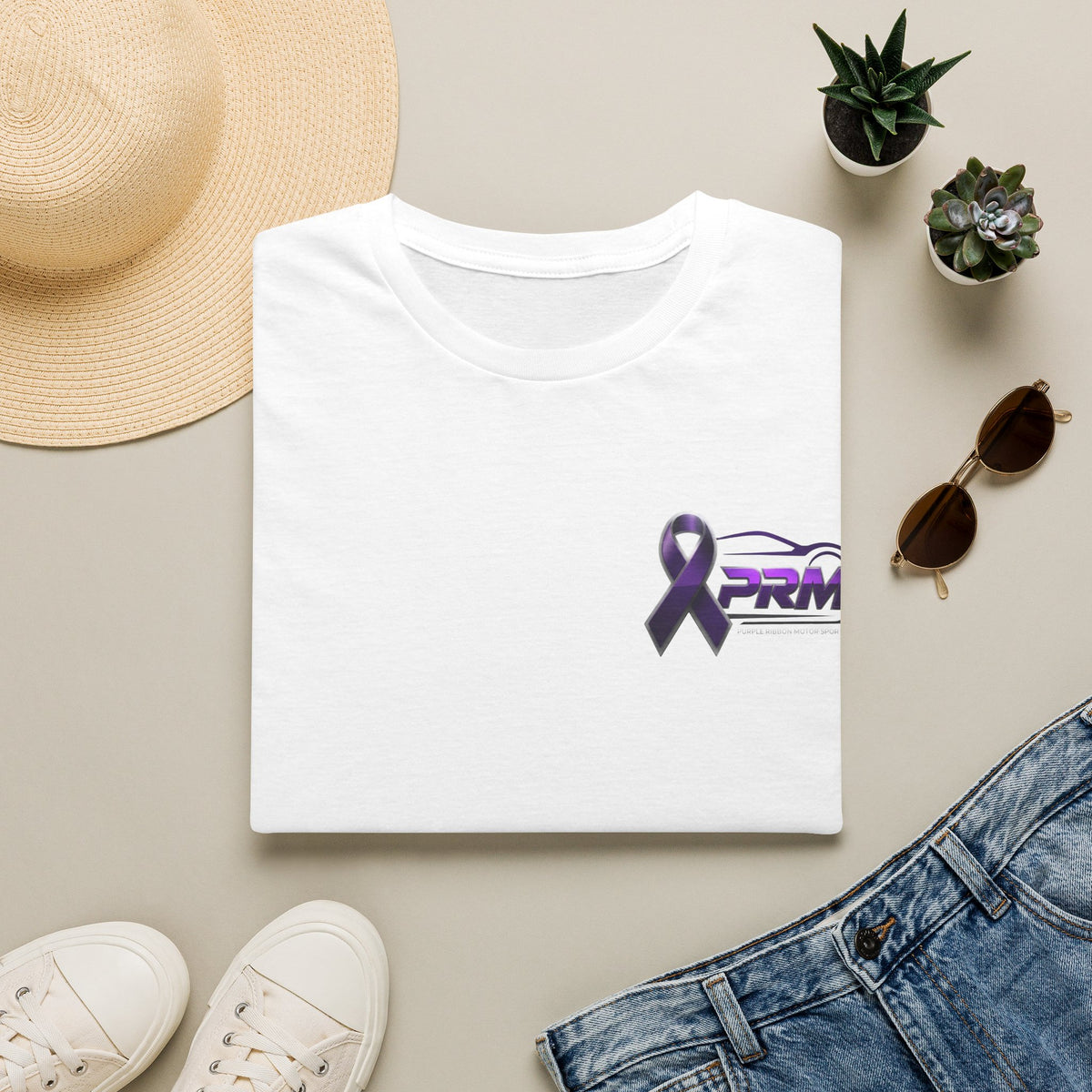 Racing Steering Wheel T‑Shirt with Purple Awareness Ribbon – PRM Logo