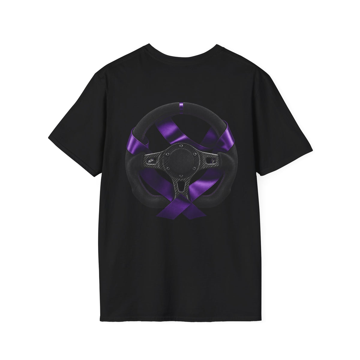 Racing Steering Wheel T‑Shirt with Purple Awareness Ribbon – PRM Logo