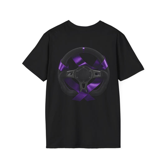 Racing Steering Wheel T‑Shirt with Purple Awareness Ribbon – PRM Logo